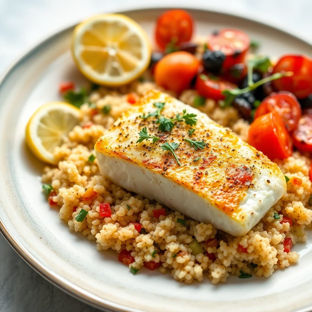 Lemon Herb Roasted Cod with Mediterranean Quinoa