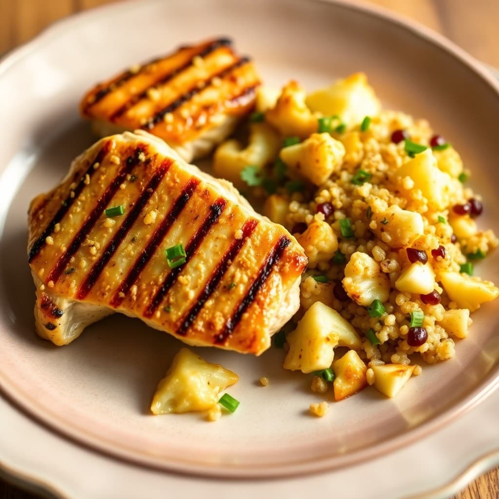 Grilled Lemon-Garlic Chicken Thighs with Roasted Cauliflower and Quinoa Salad
