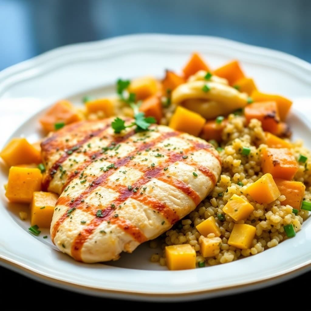 Grilled Lemon-Herb Chicken with Roasted Butternut Squash and Quinoa Salad