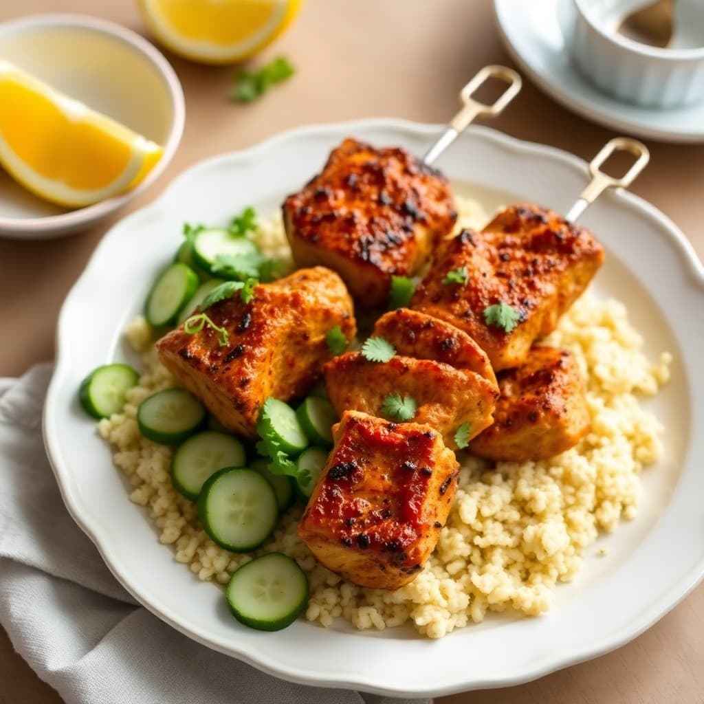 Moroccan Spiced Chicken Kebabs with Lemon Couscous