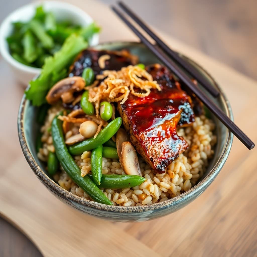 Japanese Miso-Glazed Seitan & Shiitake Donburi with Sesame Farro