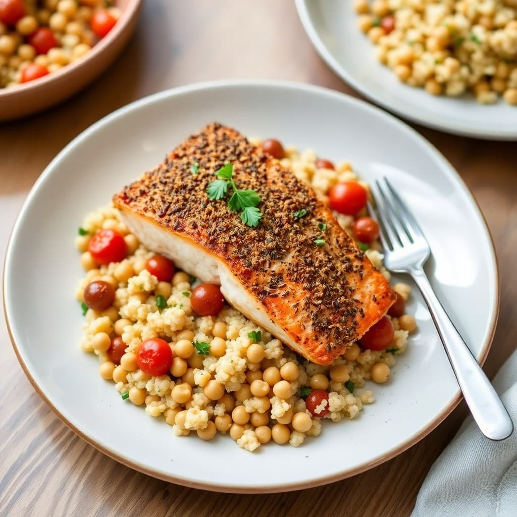 Mediterranean Za'atar Crusted Salmon with Roasted Chickpea & Charred Tomato Couscous