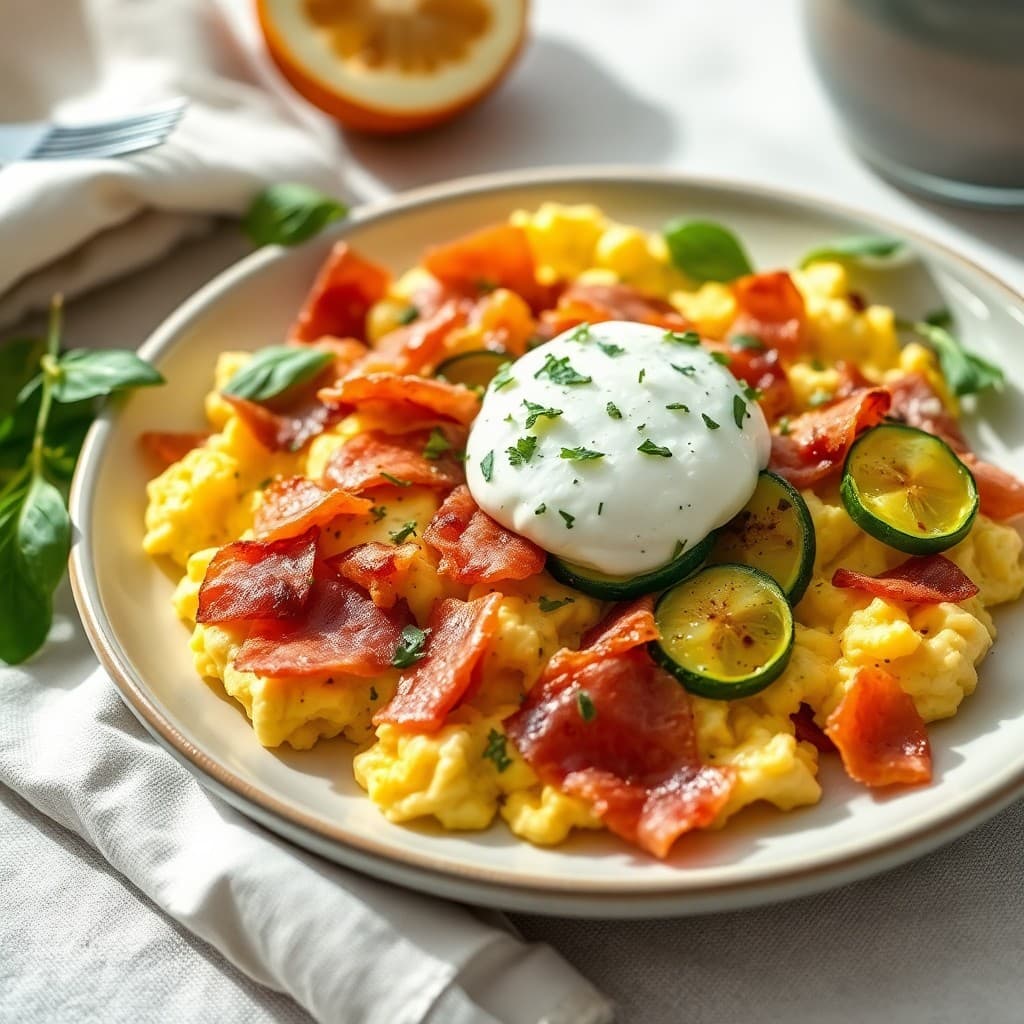 Italian Herb Scrambled Eggs with Crispy Prosciutto & Burrata