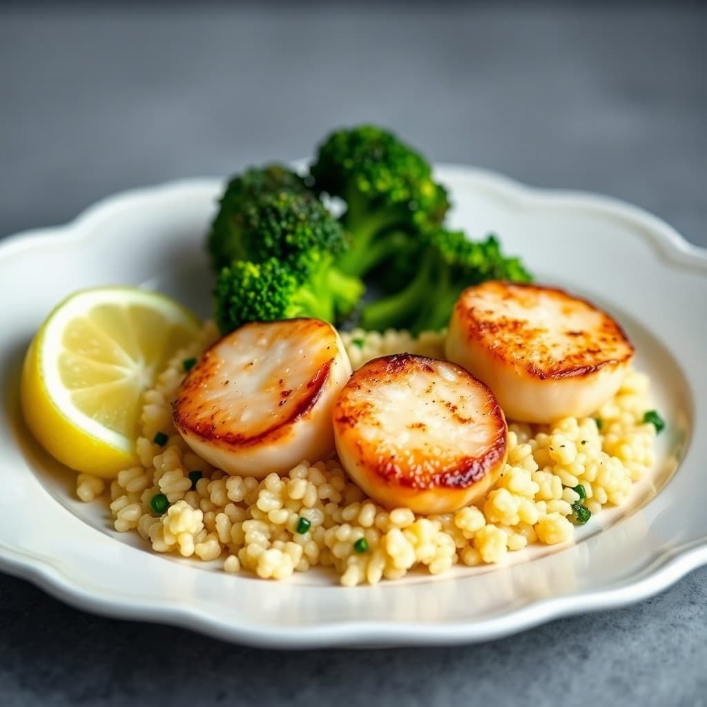 Seared Scallops with Lemon Quinoa and Roasted Broccoli
