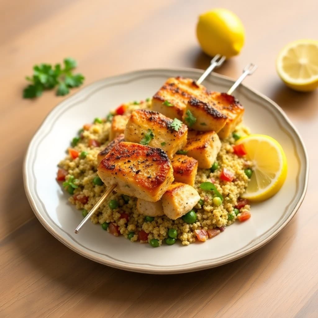 Zesty Lemon-Pepper Chicken Skewers with Quinoa Tabbouleh