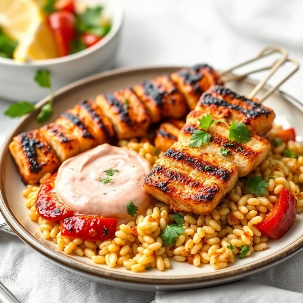 Grilled Chicken Souvlaki with Charred Orzo & Roasted Red Pepper Skordalia