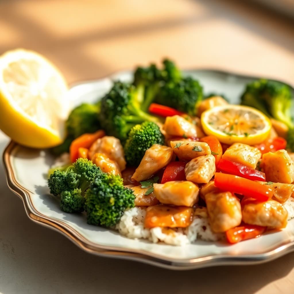 Zesty Lemon Chicken Stir-Fry with Garlic Roasted Broccoli