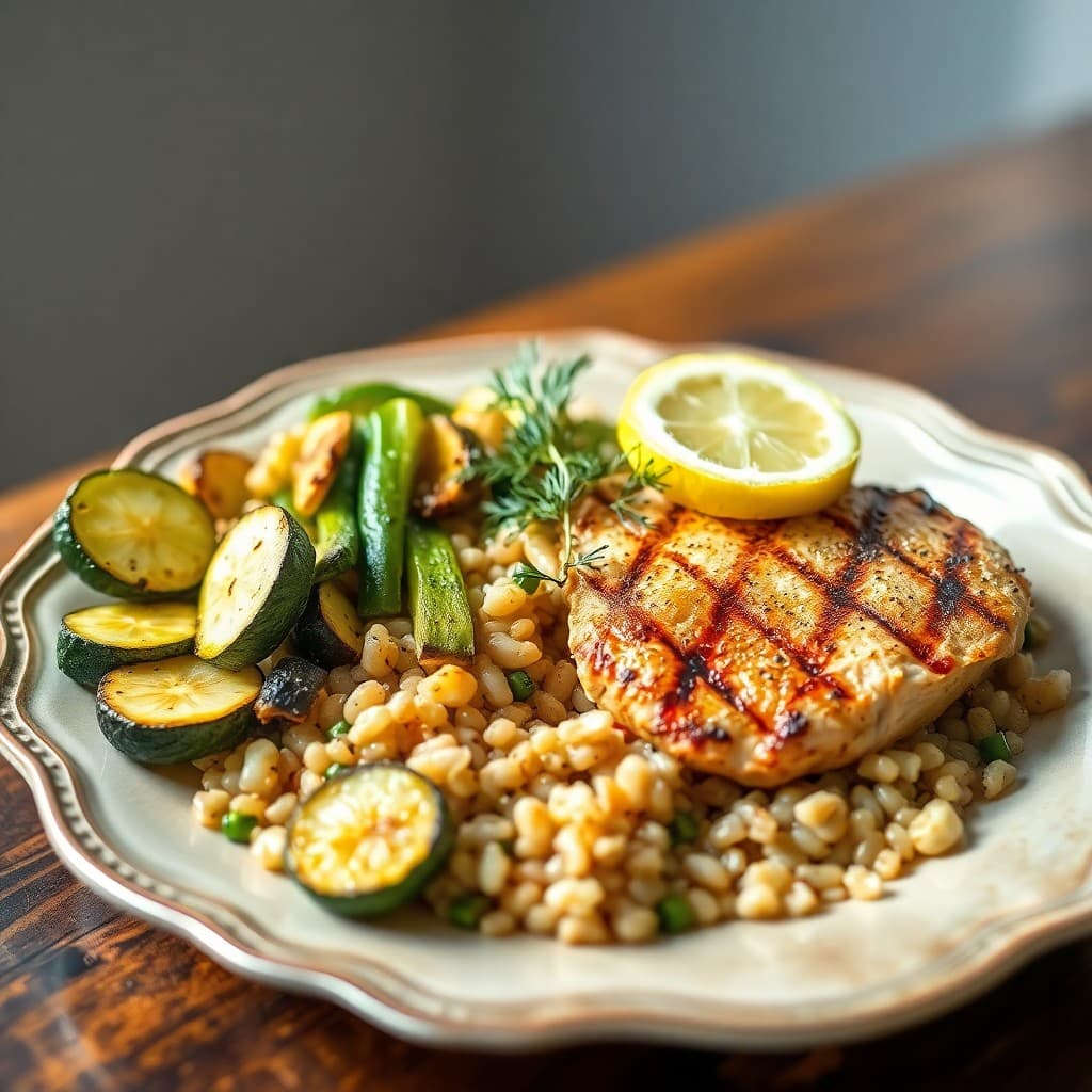 Grilled Lemon-Dill Chicken with Roasted Zucchini and Barley