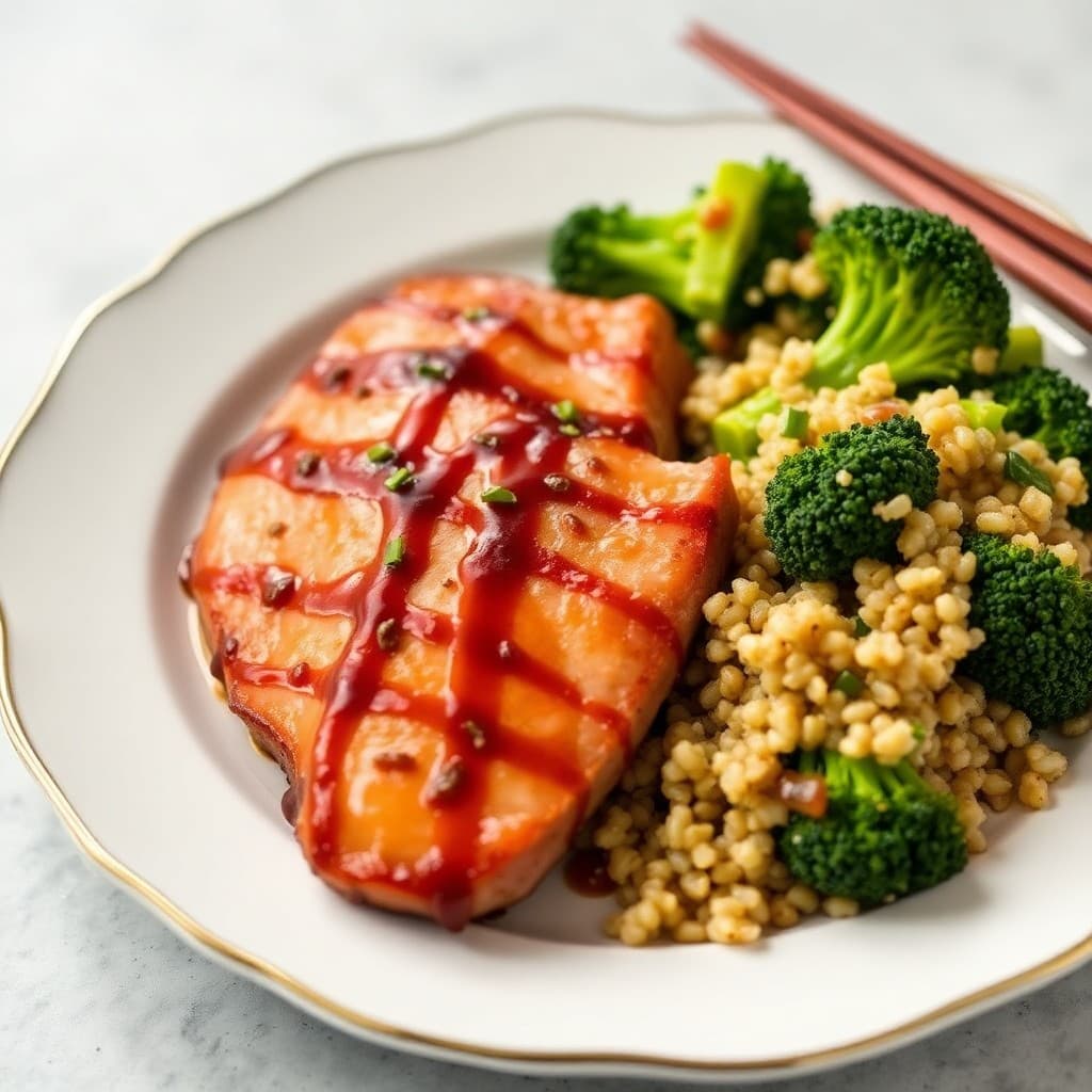 Seared Ginger-Sesame Tuna with Roasted Broccoli and Quinoa Salad