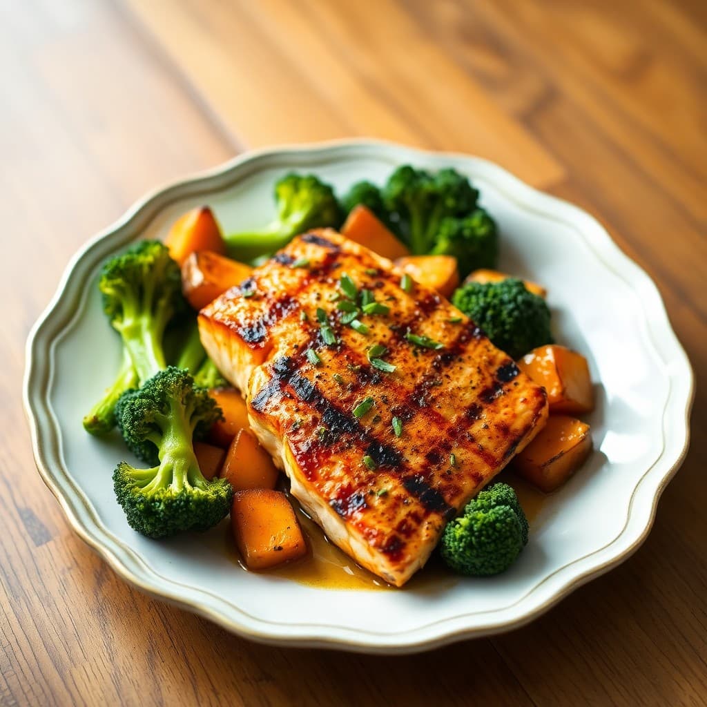 Ginger-Garlic Grilled Salmon with Roasted Sweet Potato and Broccoli