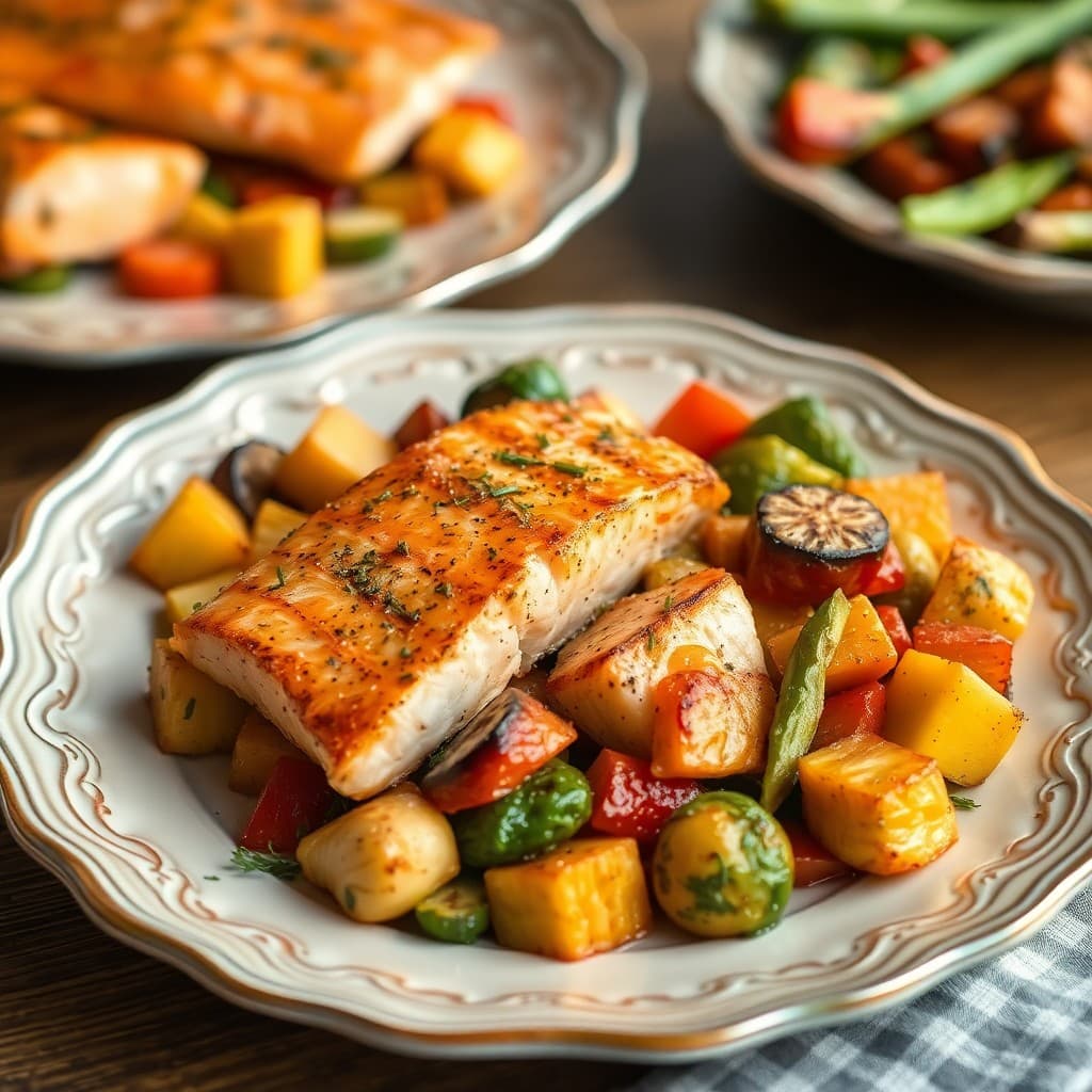 Sizzling Garlic Ginger Salmon with Roasted Vegetable Medley