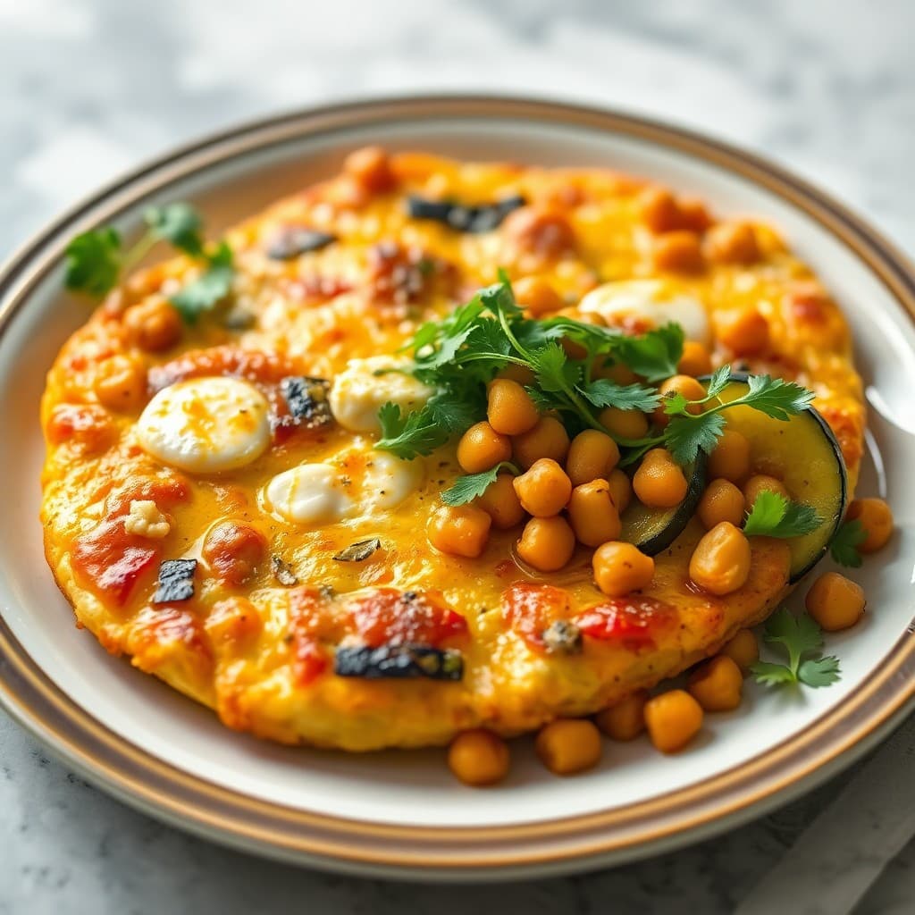 Greek Halloumi & Crispy Chickpea Frittata with Charred Zucchini & Fresh Herb Salad