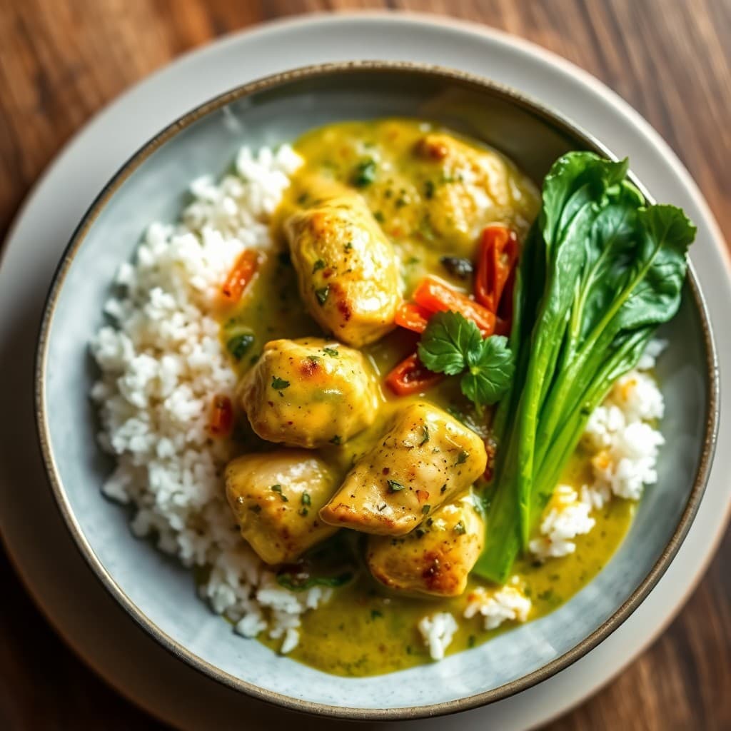 Thai Green Curry Chicken with Jasmine Rice and Charred Bok Choy