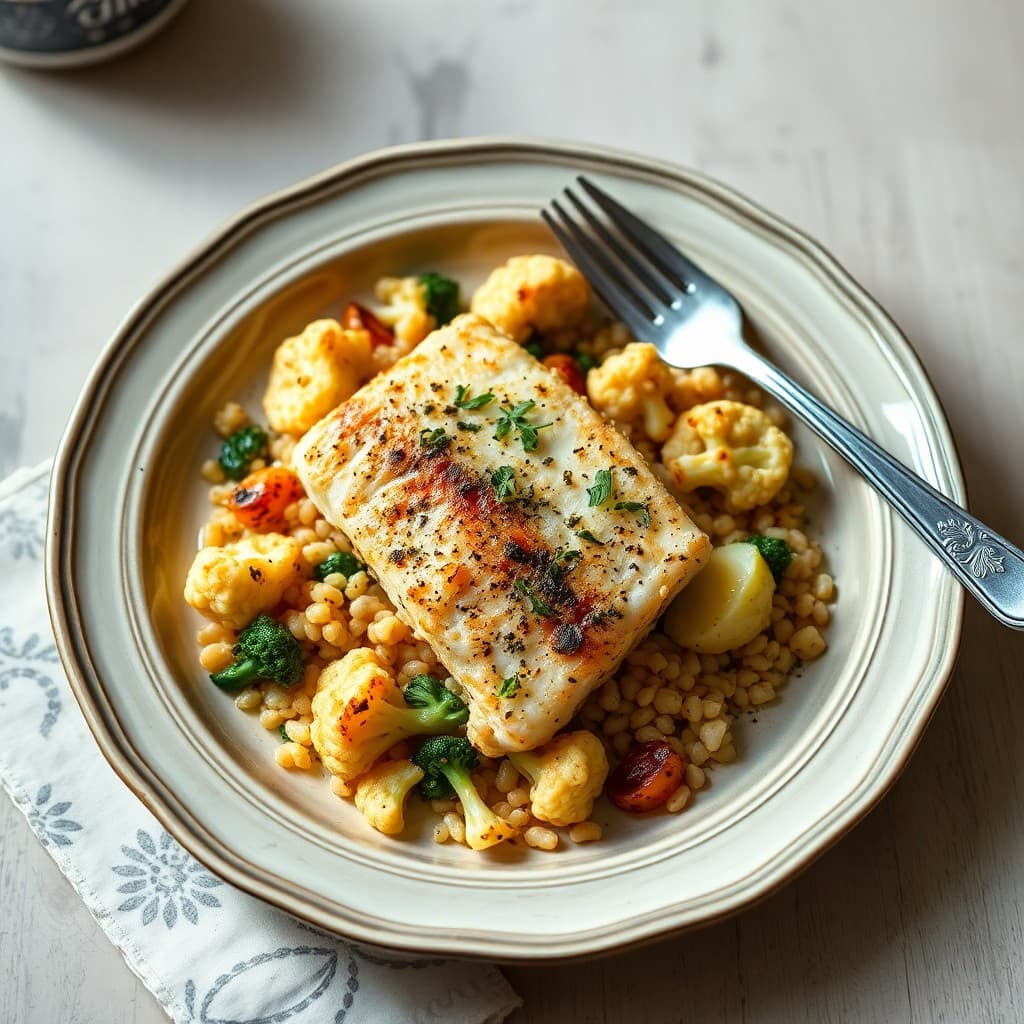 Garlic Herb Sautéed Cod with Roasted Cauliflower and Farro