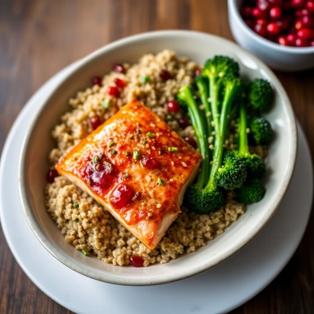 Turkish Pomegranate-Glazed Salmon with Charred Broccolini & Freekeh