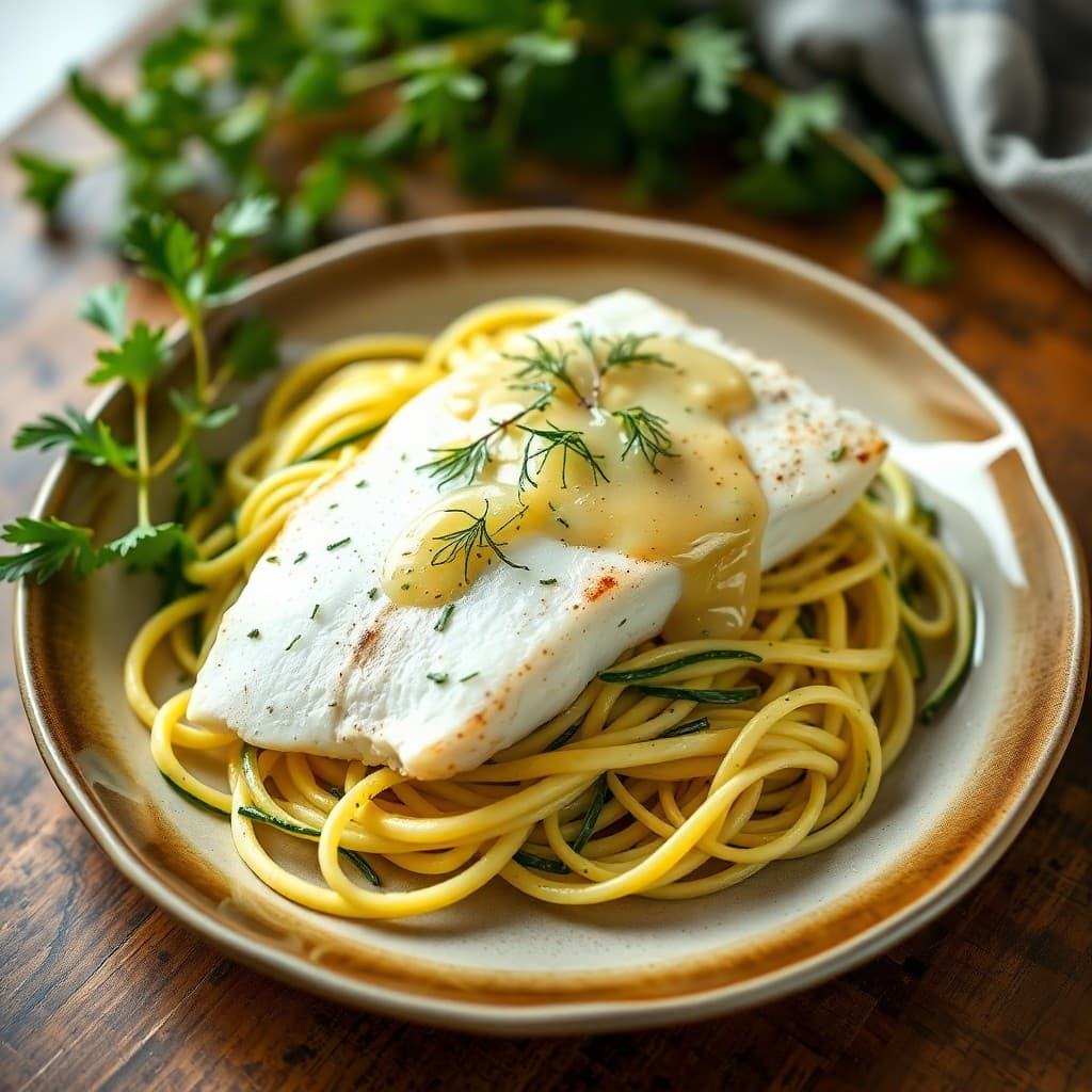 Seared Lemon-Dill Halibut with Roasted Garlic Zucchini Noodles