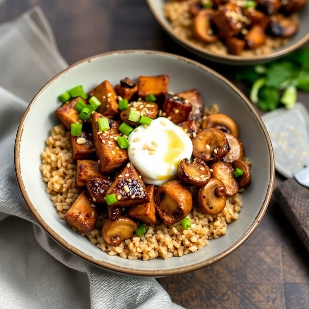 Japanese Miso-Glazed Tempeh & Farro Breakfast Bowl with Sautéed Ginger Mushrooms