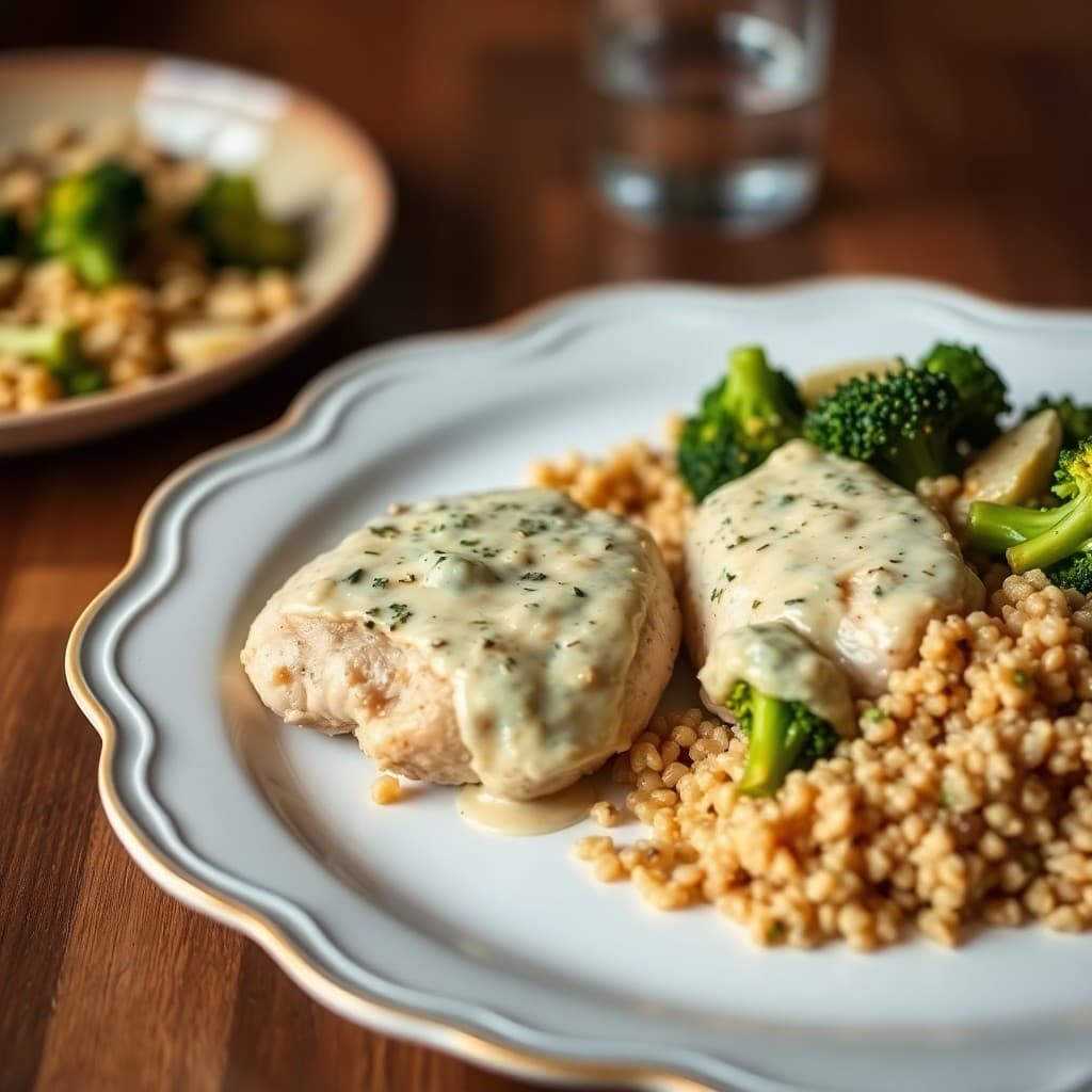 Creamy Garlic Chicken with Roasted Broccoli and Quinoa