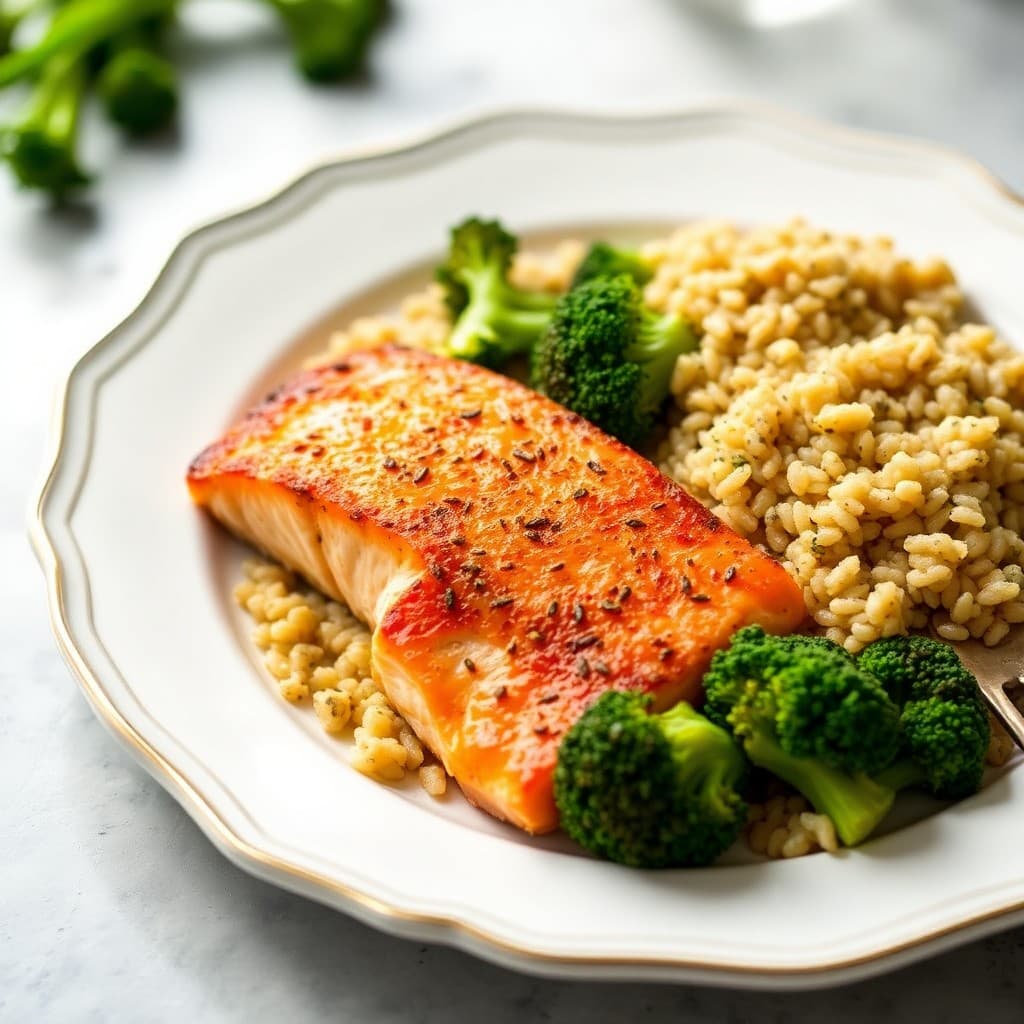 Seared Ginger Garlic Salmon with Roasted Broccoli and Quinoa
