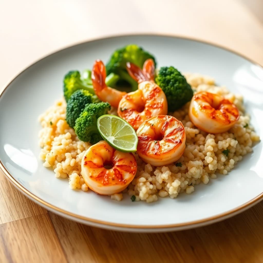 Seared Chili-Lime Shrimp with Roasted Broccoli and Quinoa Pilaf