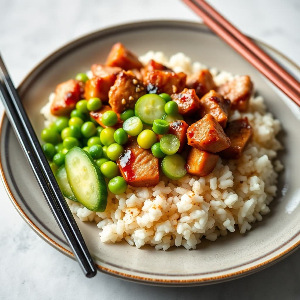 Teriyaki Pork Rice Bowls with Edamame and Pickled Cucumbers