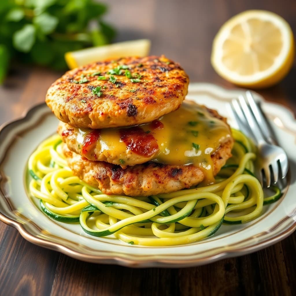 Mediterranean Chicken Burgers with Lemon-Garlic Zucchini Noodles