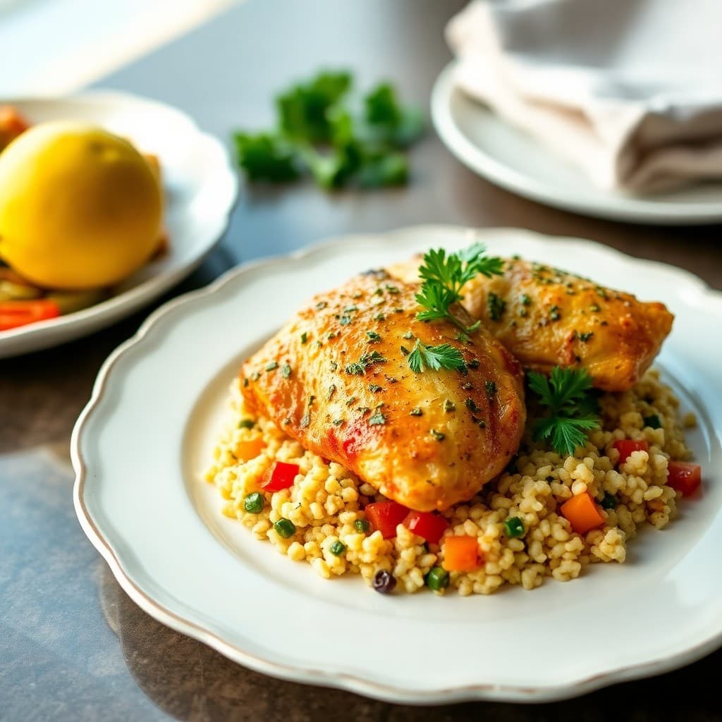 Lemon Herb Chicken Thighs with Roasted Vegetable Couscous