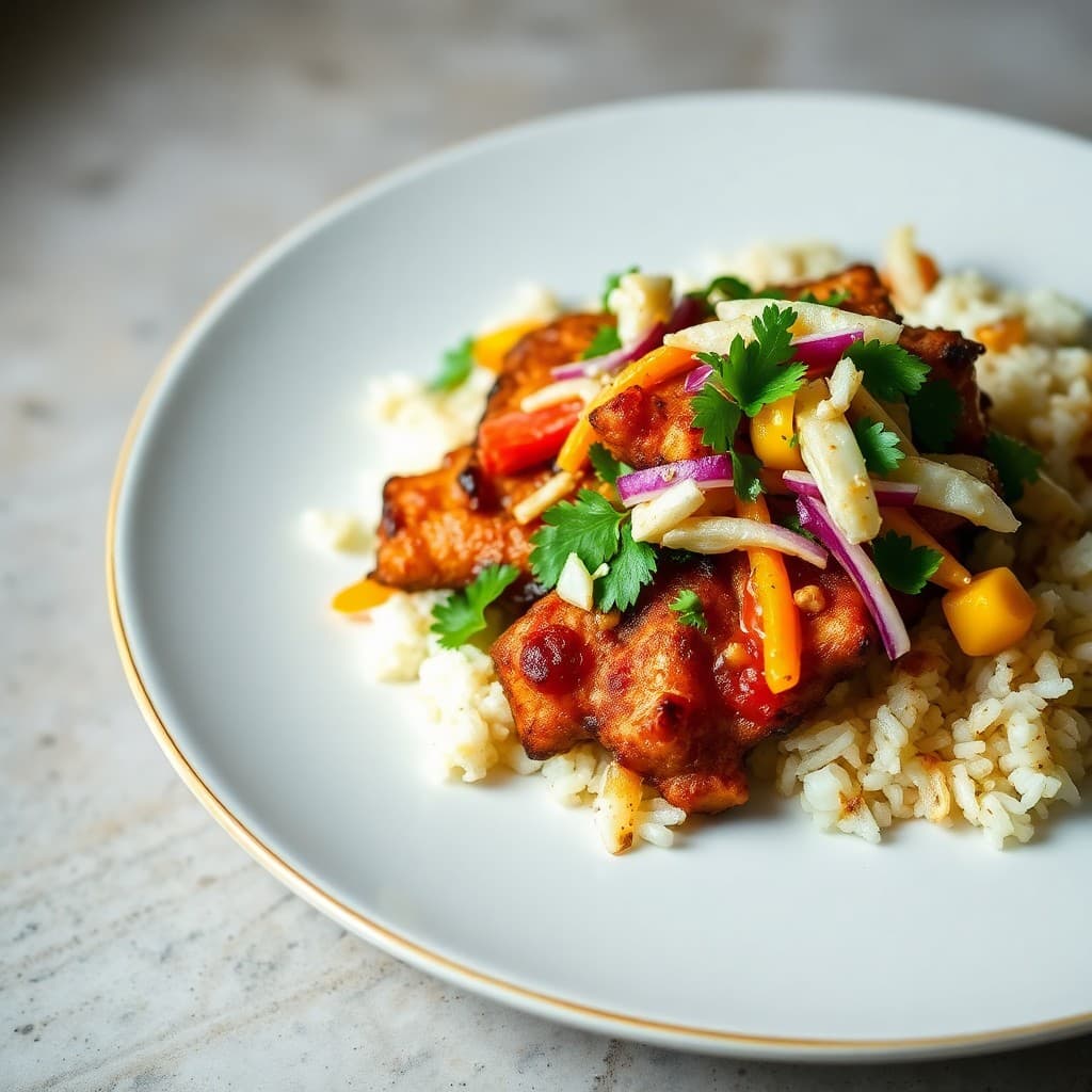 Crispy Tempeh & Mango Slaw with Charred Lime Coconut Rice