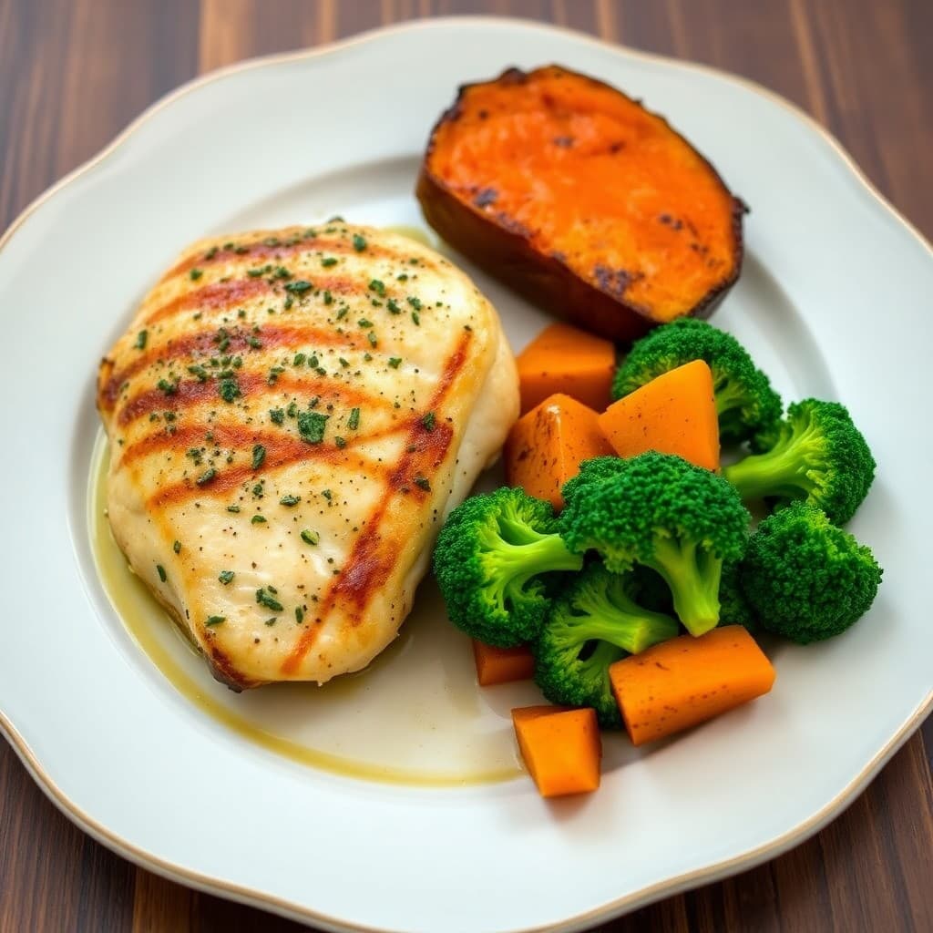 Seared Garlic-Herb Chicken Breasts with Roasted Sweet Potato and Steamed Broccoli