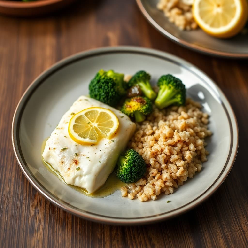 Lemon-Garlic Baked Cod with Roasted Broccoli and Quinoa