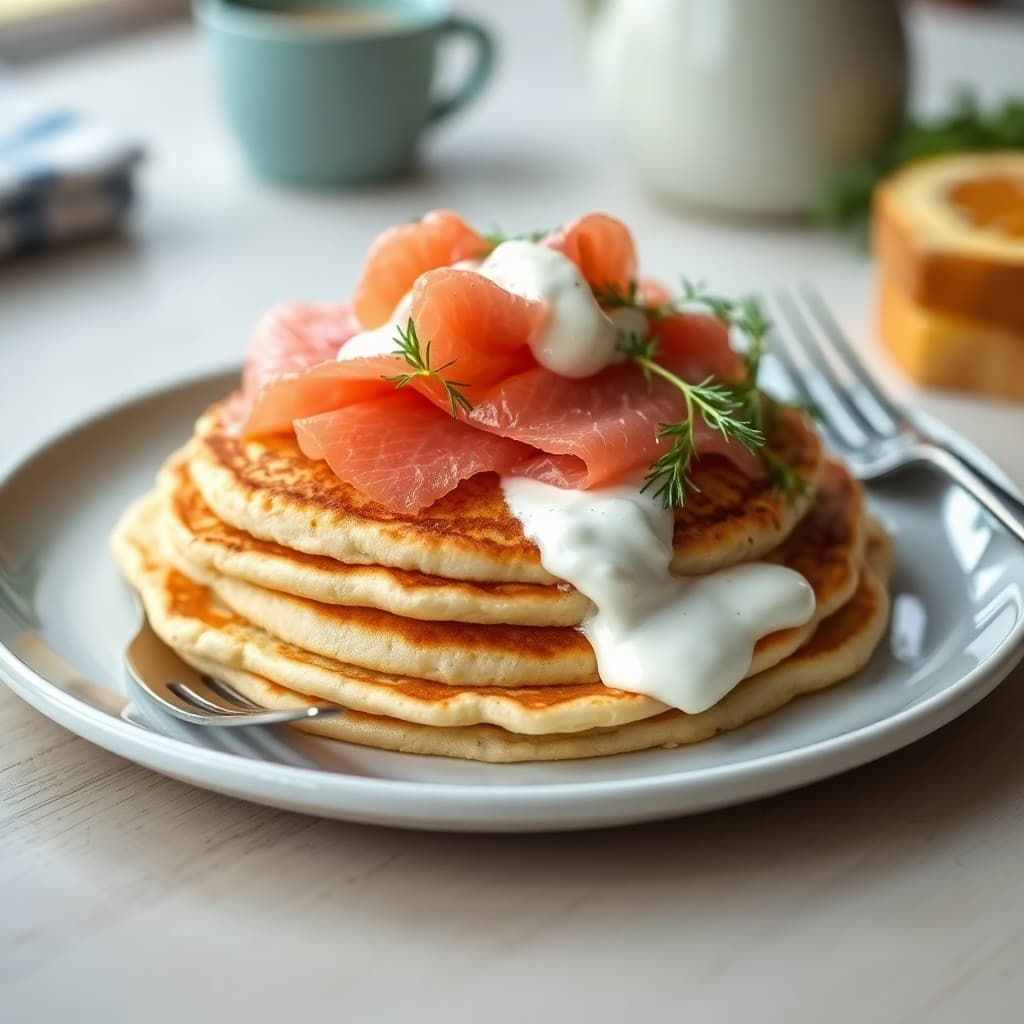 Greek Yogurt & Honey Pancakes with Smoked Salmon & Dill Cream