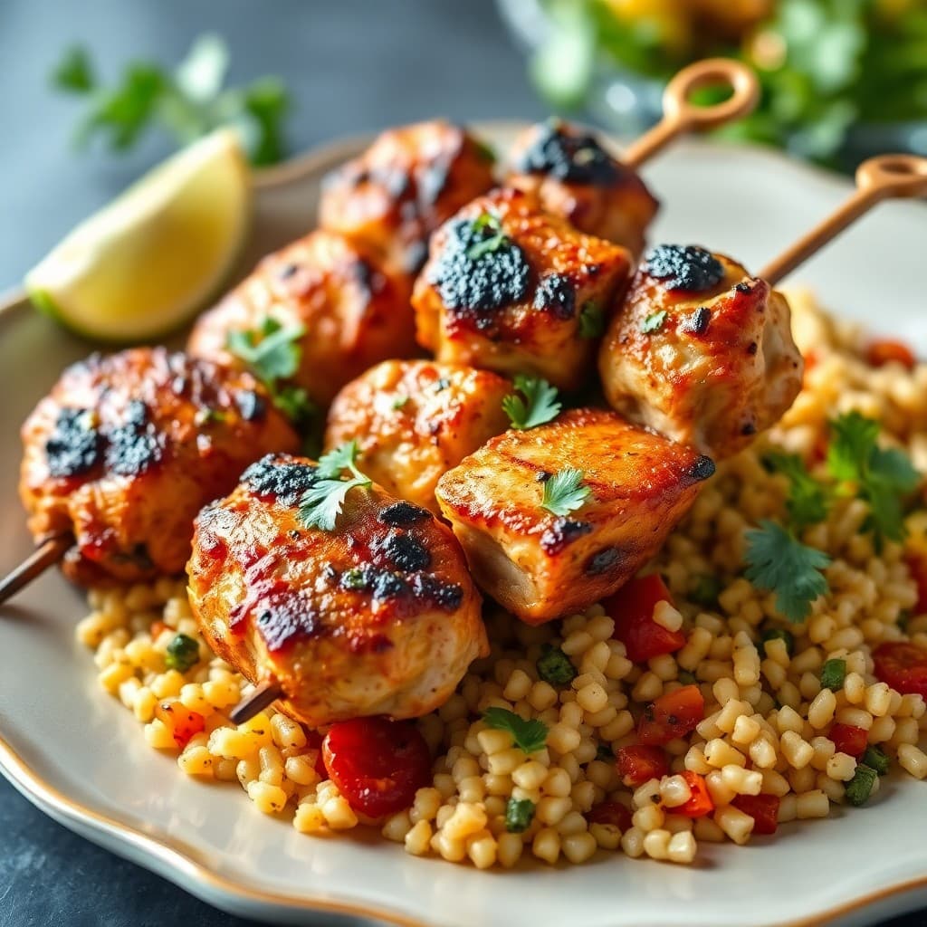 Sizzling Moroccan Spiced Chicken Skewers with Roasted Veggie Couscous