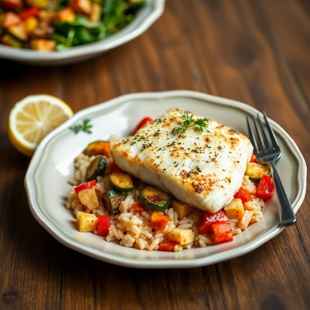 Mediterranean Baked Cod with Roasted Veggies and Lemon Orzo