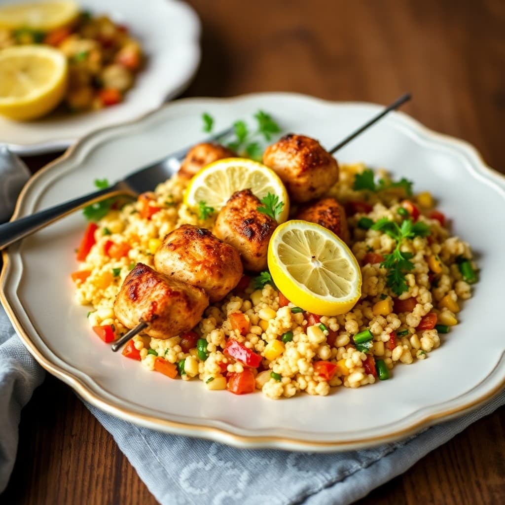 Zesty Lemon Chicken Skewers with Roasted Veggie Couscous