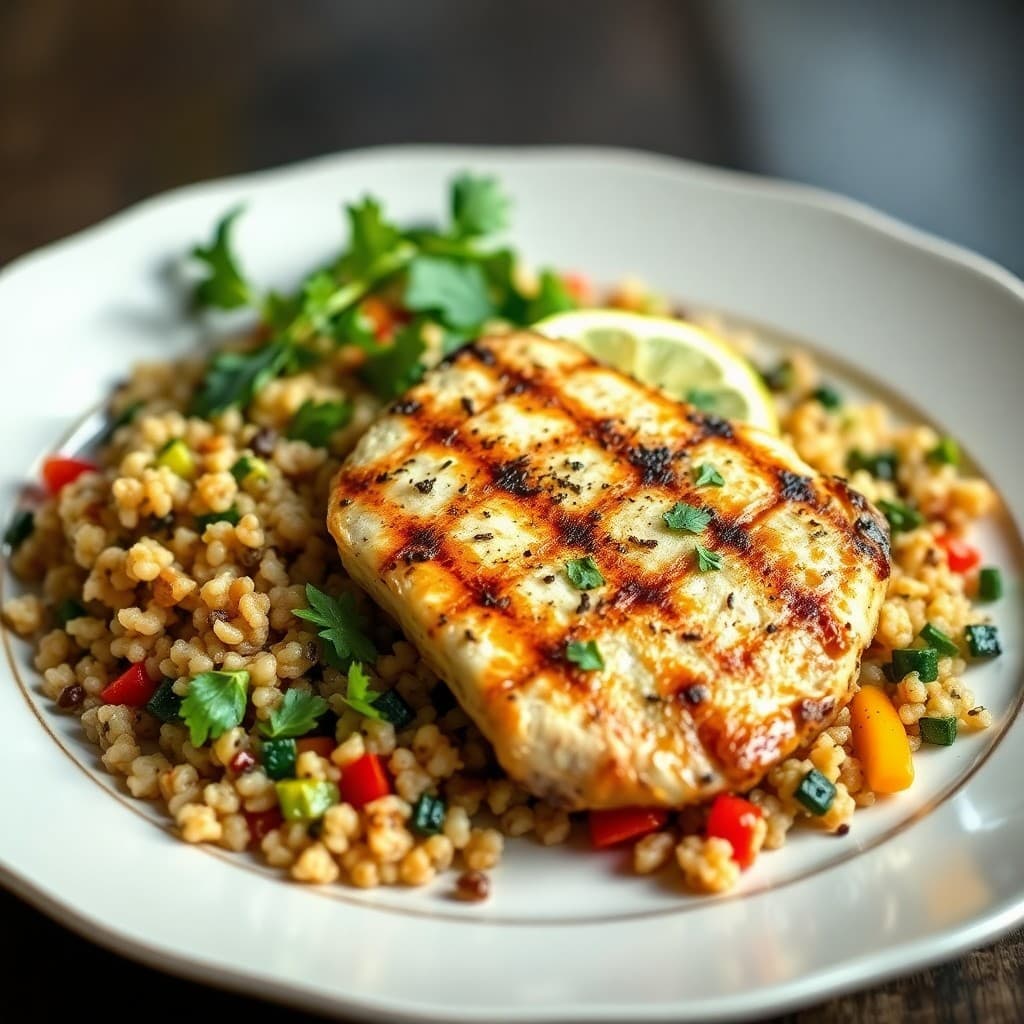 Grilled Lemon-Herb Chicken with Roasted Vegetable Quinoa