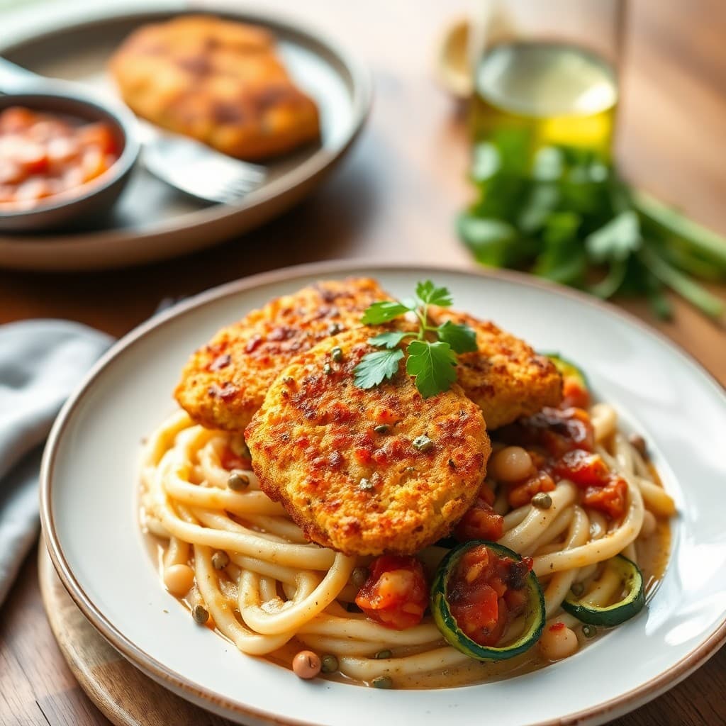 Crispy Polenta-Crusted Seitan Piccata with Charred Zucchini & Garlicky White Bean Ragù