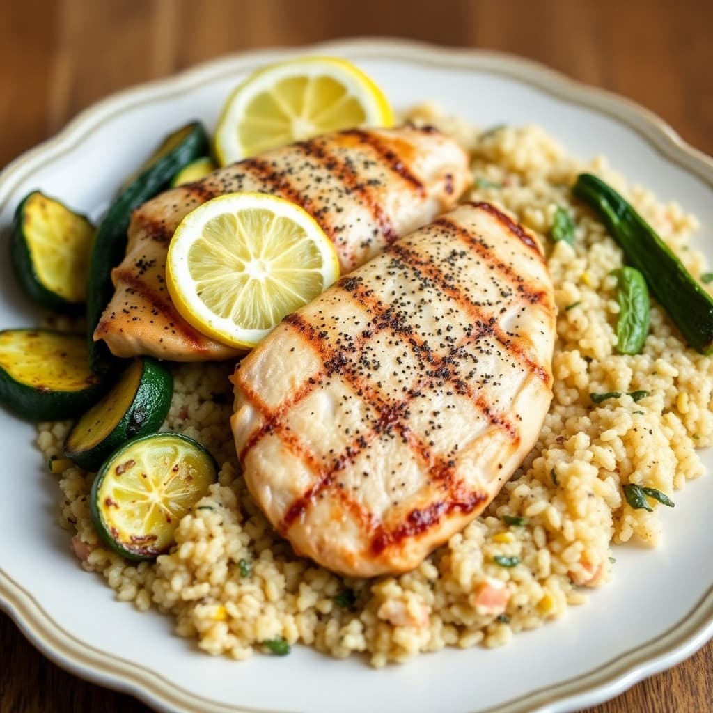 Grilled Lemon Pepper Chicken with Roasted Zucchini and Quinoa Pilaf