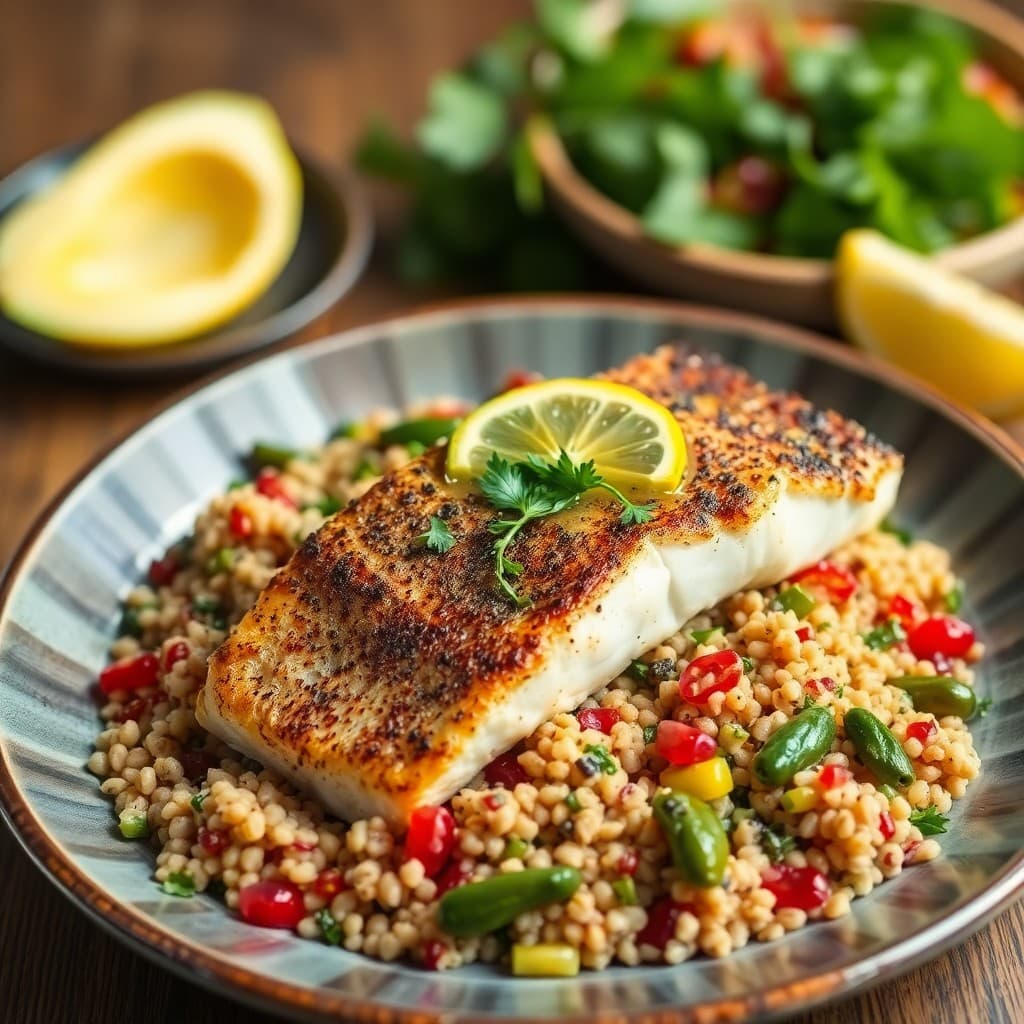 Turkish Pan-Seared Sea Bass with Charred Okra & Farro Tabbouleh