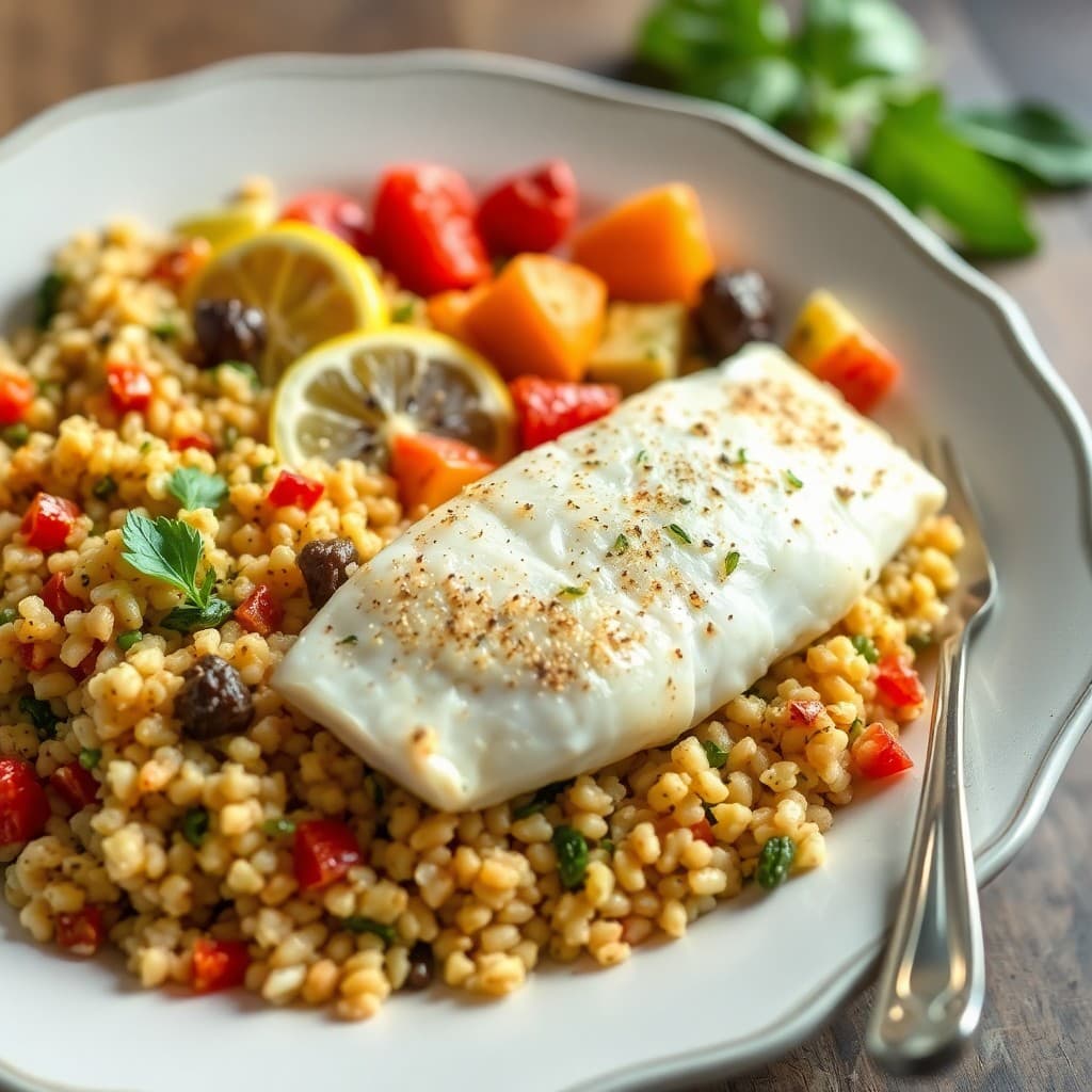 Lemon Garlic Tilapia with Mediterranean Vegetable Couscous
