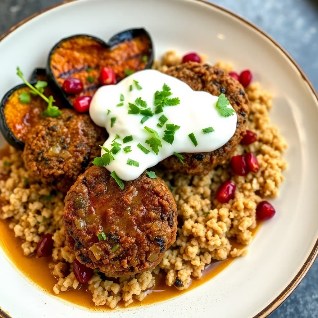 Herb-Braised Lamb Kibbeh with Charred Eggplant & Pomegranate Yogurt