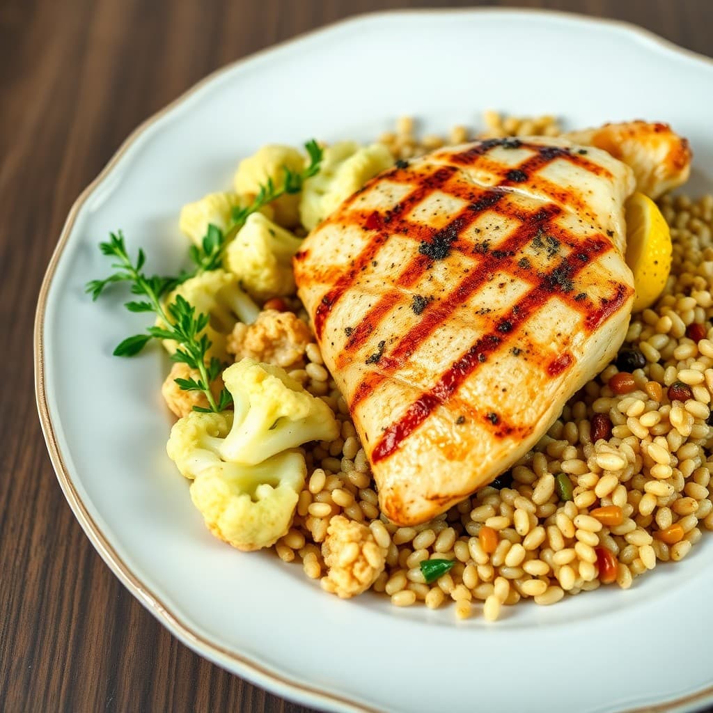 Grilled Lemon Chicken with Roasted Cauliflower and Farro