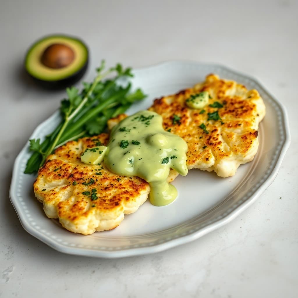 Roasted Garlic Cauliflower Steaks with Creamy Avocado Sauce