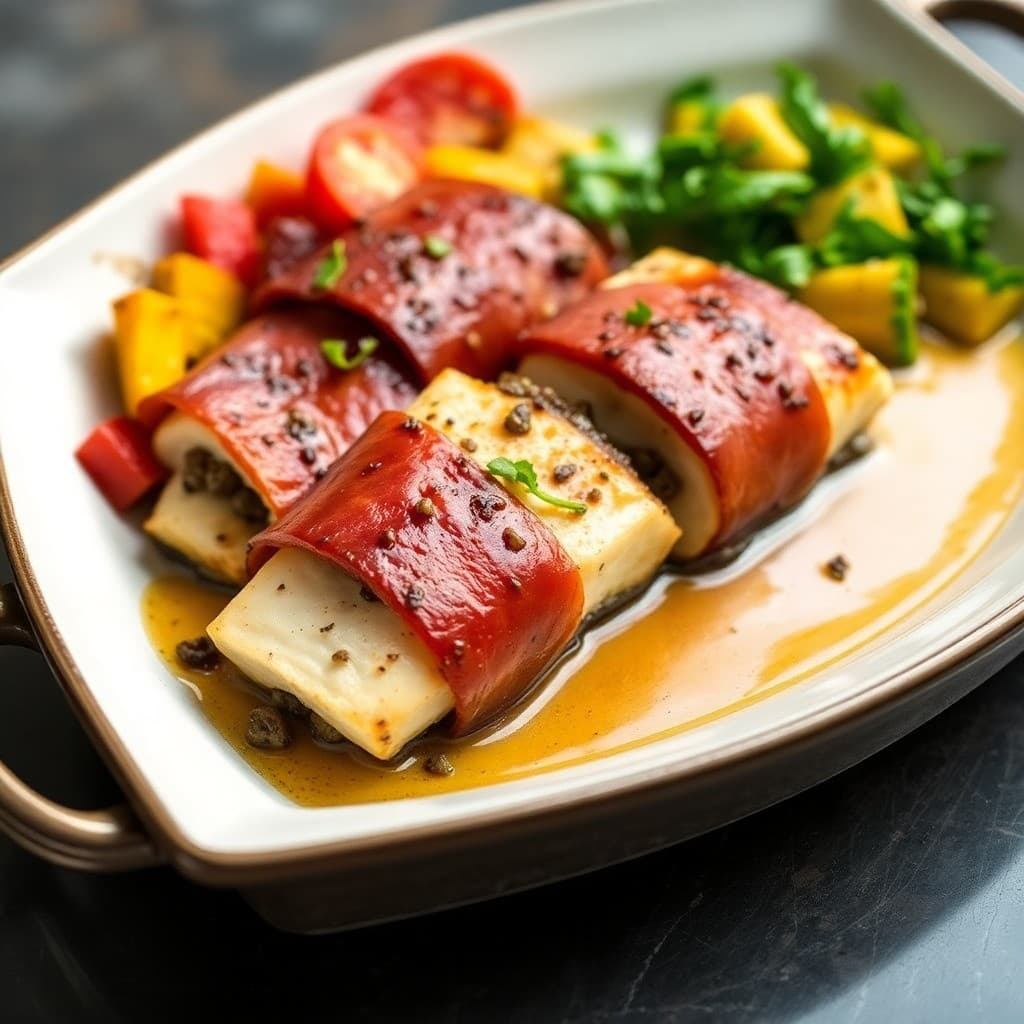 Sicilian Swordfish Involtini with Roasted Vegetable Medley
