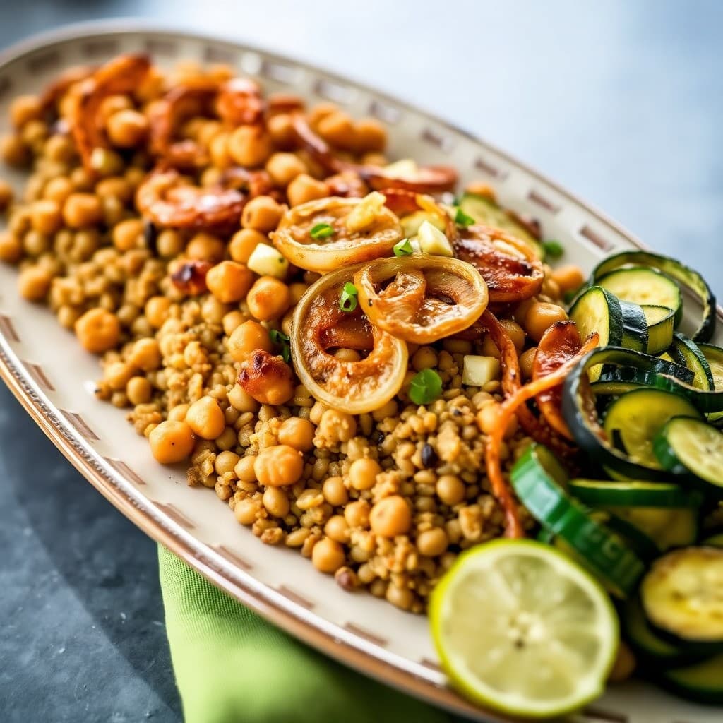 Crispy Chickpea & Mujadara Spiced Rice with Charred Zucchini