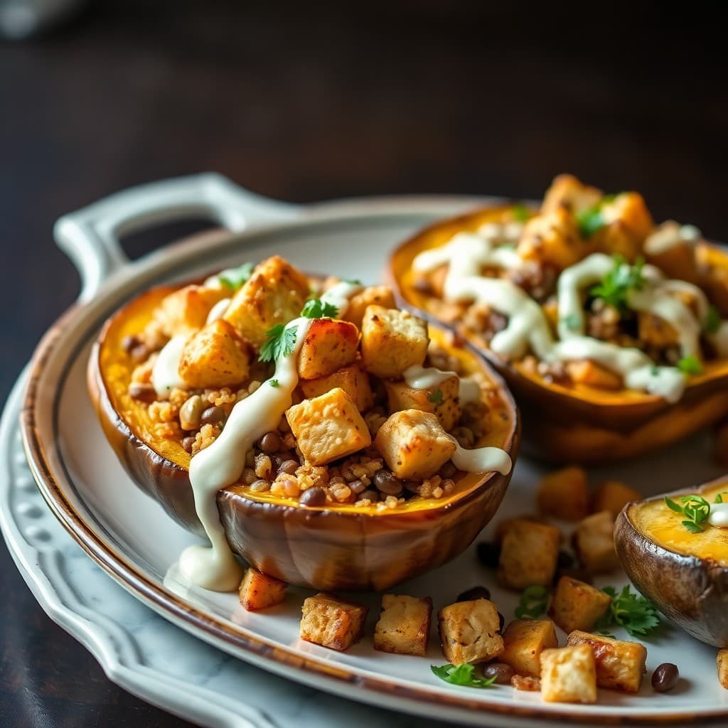 Crispy Tofu & Mujadara Stuffed Acorn Squash with Tahini Drizzle