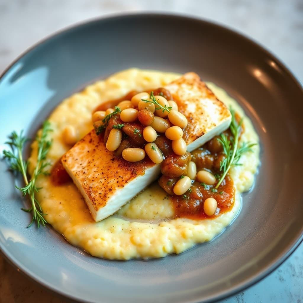 Pan-Seared Halibut with White Bean & Charred Fennel Ragù over Creamy Polenta