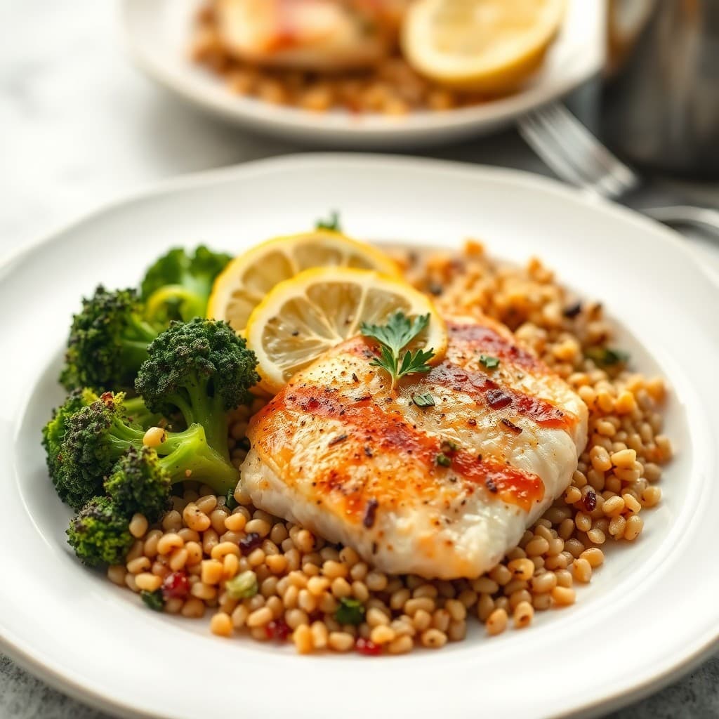 Seared Garlic Lemon Tilapia with Roasted Broccoli and Farro