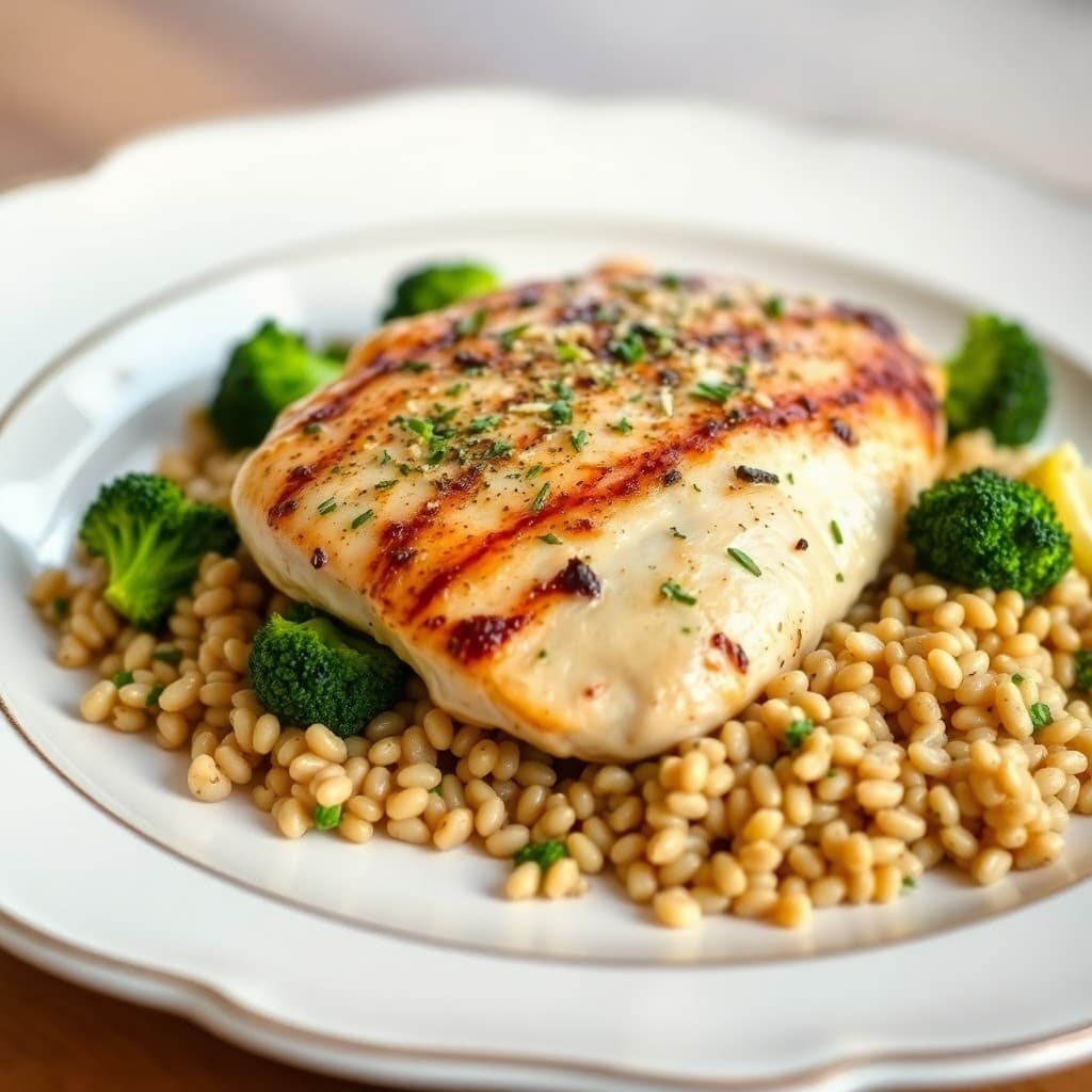 Seared Garlic-Herb Chicken with Roasted Broccoli and Farro