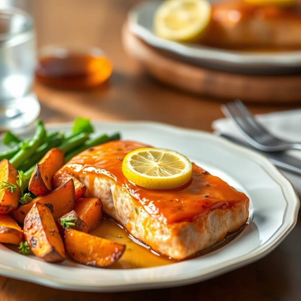 Honey Lemon Glazed Salmon with Roasted Sweet Potato Wedges