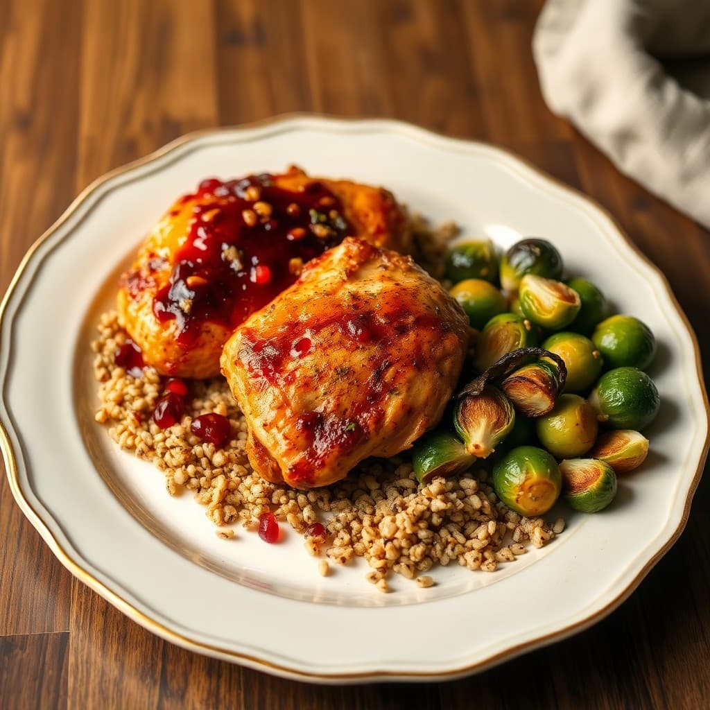Turkish Roasted Chicken Thighs with Pomegranate-Walnut Reduction & Herbed Freekeh